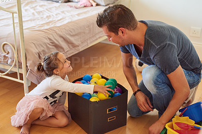 Buy stock photo Father, daughter and playing with toys in bedroom for bonding, fun game and colorful balls on floor. Happy family, man and girl child with trust, support and excited for activity with love in home