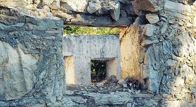 Buy stock photo Travel, ruins and ancient architecture as old building, structure and history at destination. Landmark, monument and empire with tourism, culture and art for discovery, adventure and site in Greece