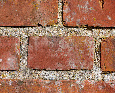 Buy stock photo Brick wall, concrete and pattern for building exterior outdoor with rough texture, grunge and mortar plaster. Construction, cracked background and solid masonry of old house or abandoned structure
