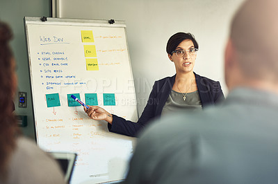 Buy stock photo Shot of a young woman giving a presentation to colleagues in an office