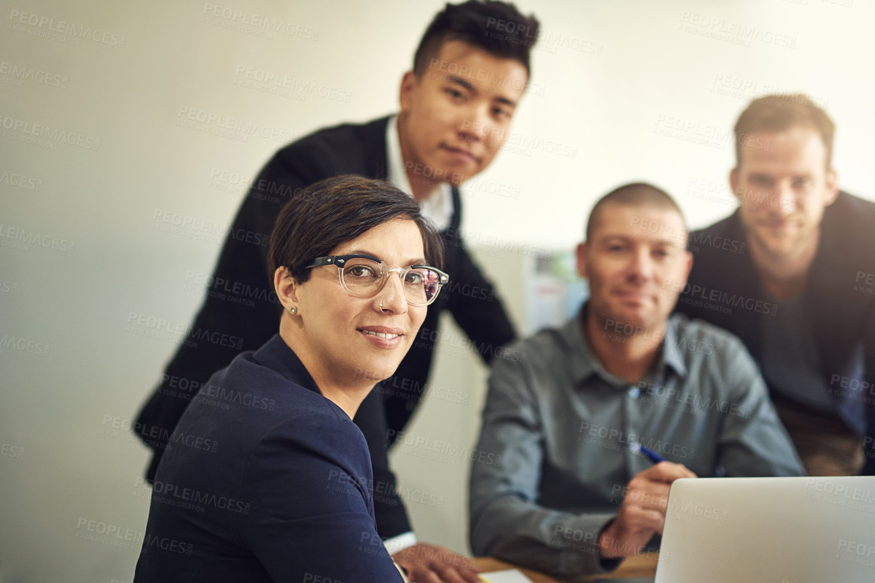 Buy stock photo Discussion, portrait and woman in team, laptop and email with feedback for project and diversity of group. Confident, market analyst and review of assignment, glasses and people with smile and USA