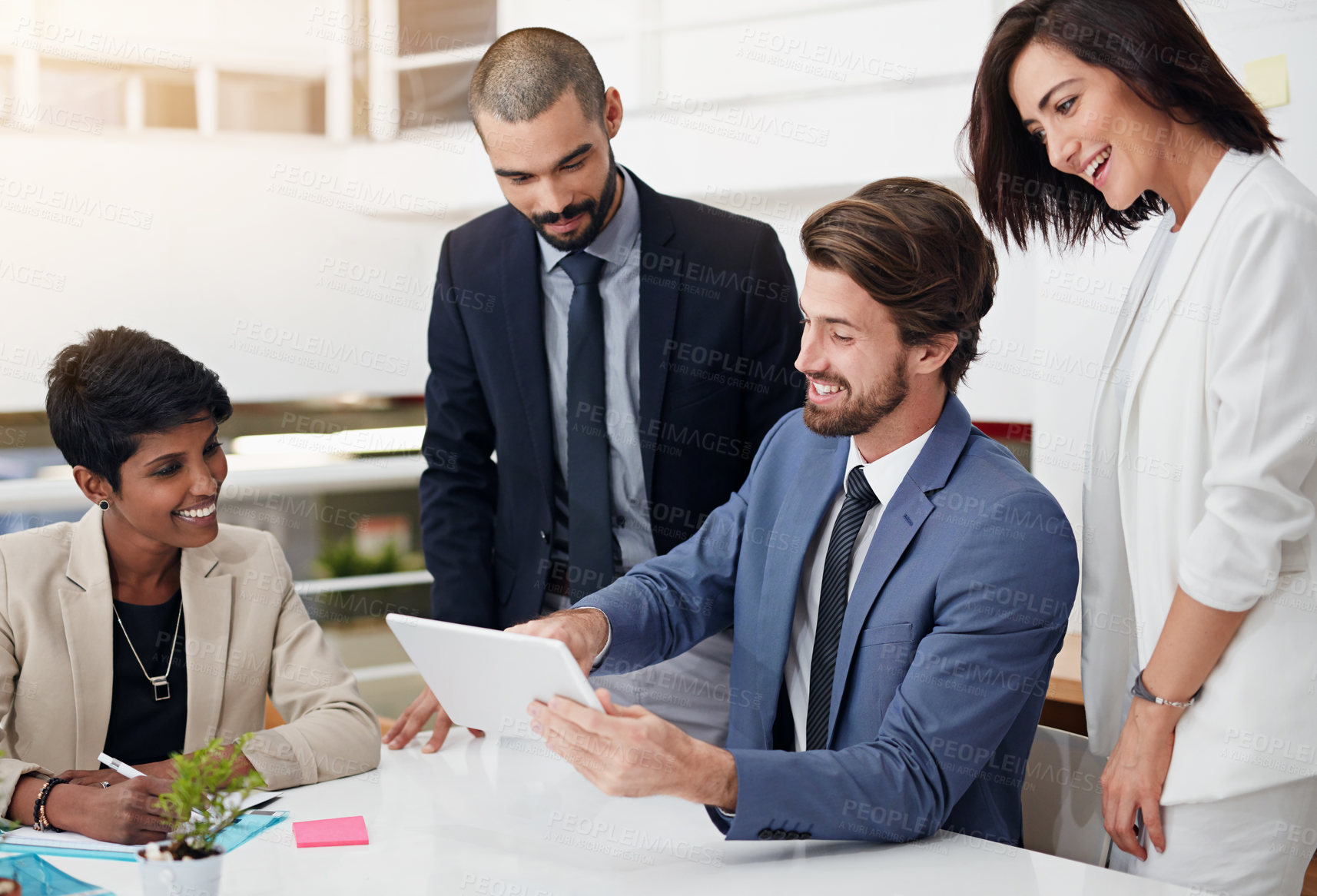 Buy stock photo Corporate, smile and group with tablet, boardroom and conversation for financial report and confident. Collaboration, teamwork and people with paperwork, plan and project for actuary and Canada