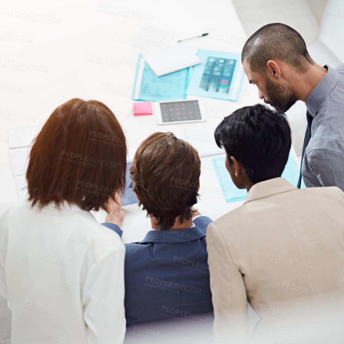 Buy stock photo Business people, tablet and meeting in office for teamwork, planning and communication with back. Collaboration, tech and proposal for change management, culture development and corporate training