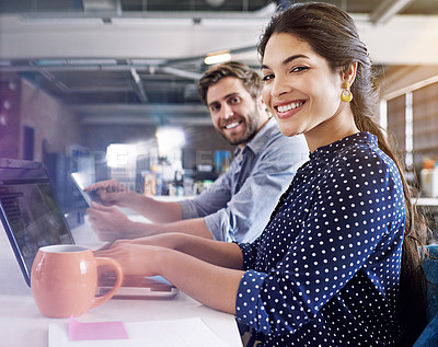 Buy stock photo Office, smile and portrait of man and woman at desk with laptop at creative agency, working on project together. Leadership, partnership and happy employees or business partner at design startup.