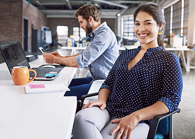 Buy stock photo Teamwork, smile and portrait of woman at desk with laptop and man at creative agency, working on project together. Leadership, collaboration and happy employees or business partner at design startup.