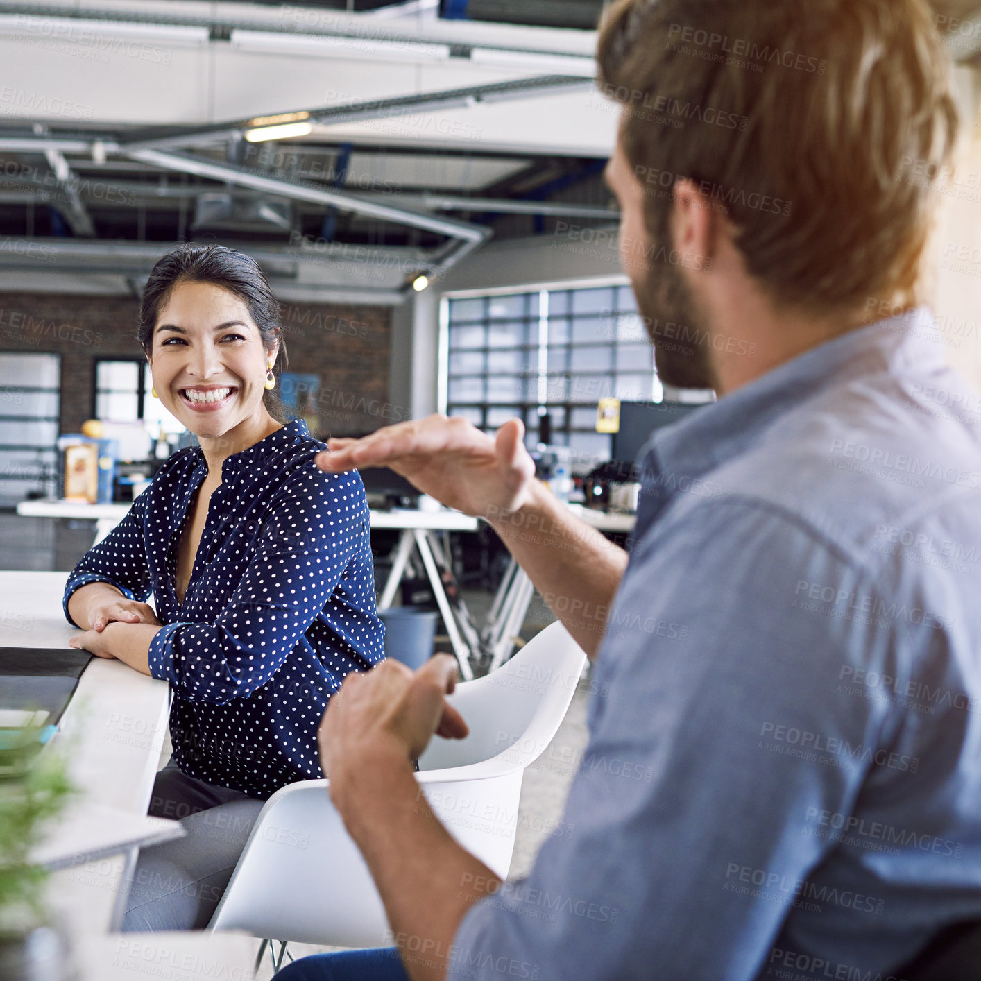 Buy stock photo Office, talking and business man and woman in meeting, smile and in conversation working together. Communication, teamwork and happy workers in discussion, chat and brainstorming ideas in workplace