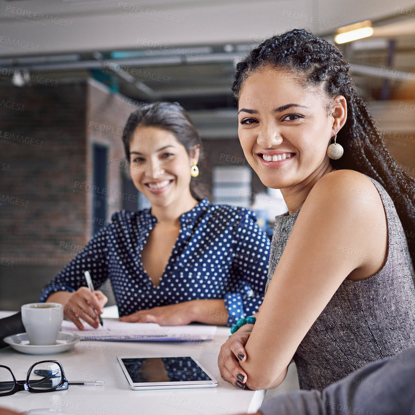 Buy stock photo Portrait of women in creative agency with smile, teamwork and confidence, success at startup design office. Face of happy designer, manager and team leader planning with tablet and coworking space.