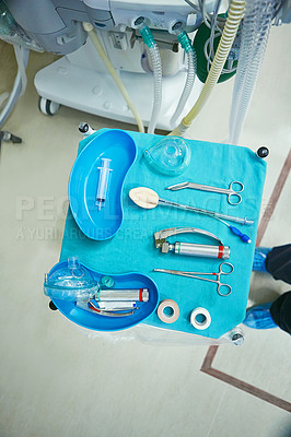 Buy stock photo High angle shot of medical equipment on a doctor's table
