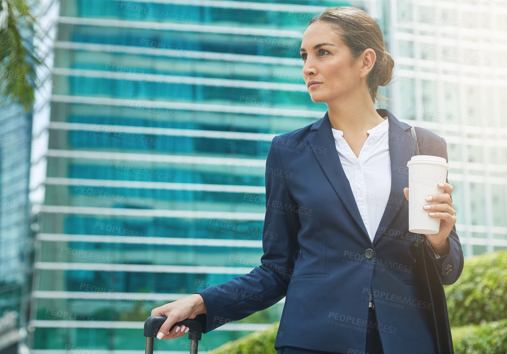 Buy stock photo Thinking, suitcase and business woman in city for travel, commute and journey to hotel. Professional, corporate and person with luggage for work trip, conference and thoughtful with coffee outdoor