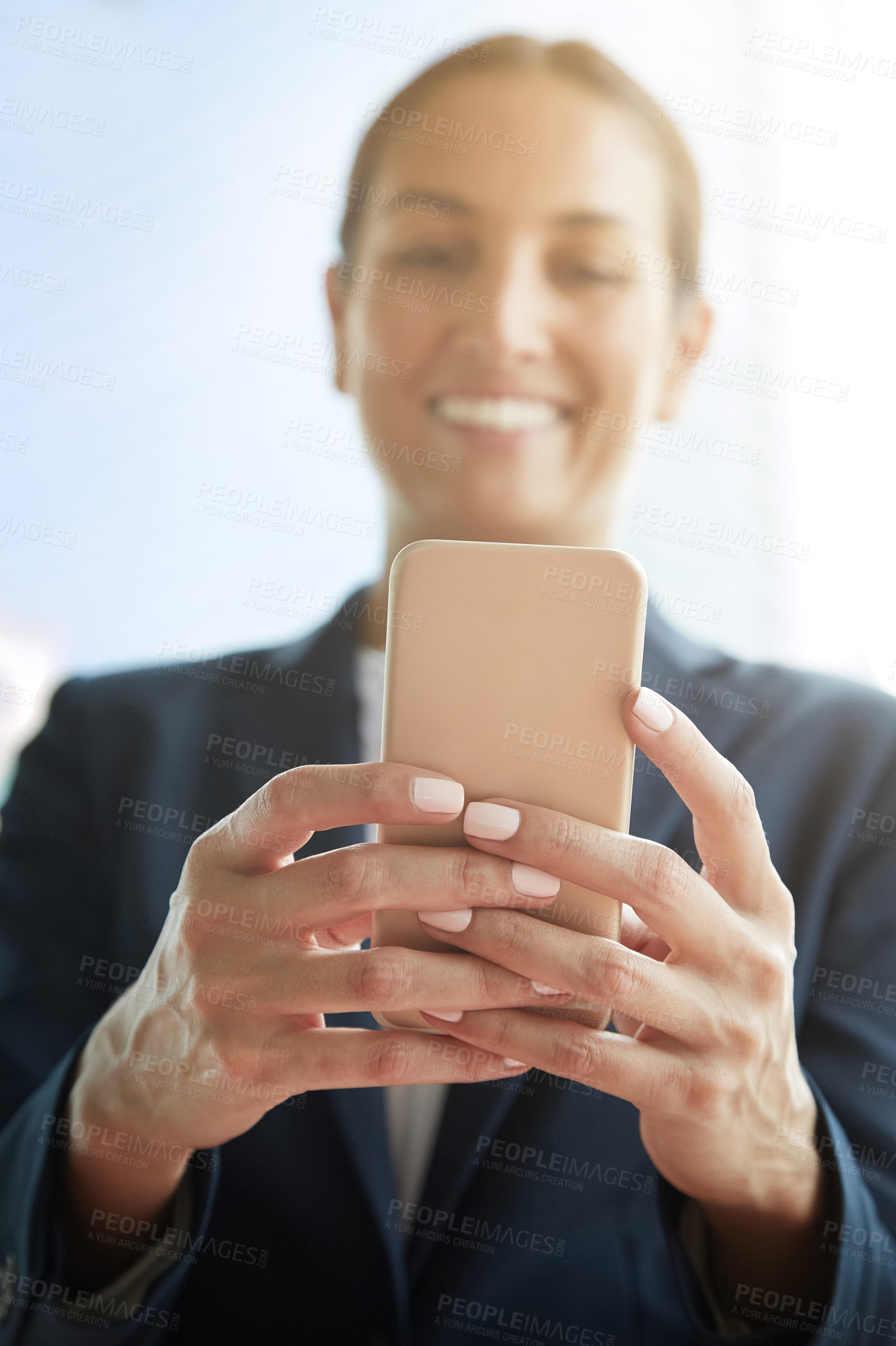 Buy stock photo Hands, business and woman with smartphone, typing and internet with social media. Happy person, employee and professional with cellphone, communication and connection with website info and email