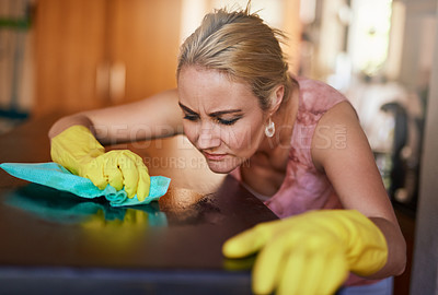 Buy stock photo Woman, wipe and sanitary surface of table in home, maid and disinfection for hygiene or housekeeping. Female person, dust and fabric or cloth to tidy, bacteria and gloves to protect from germ or dirt