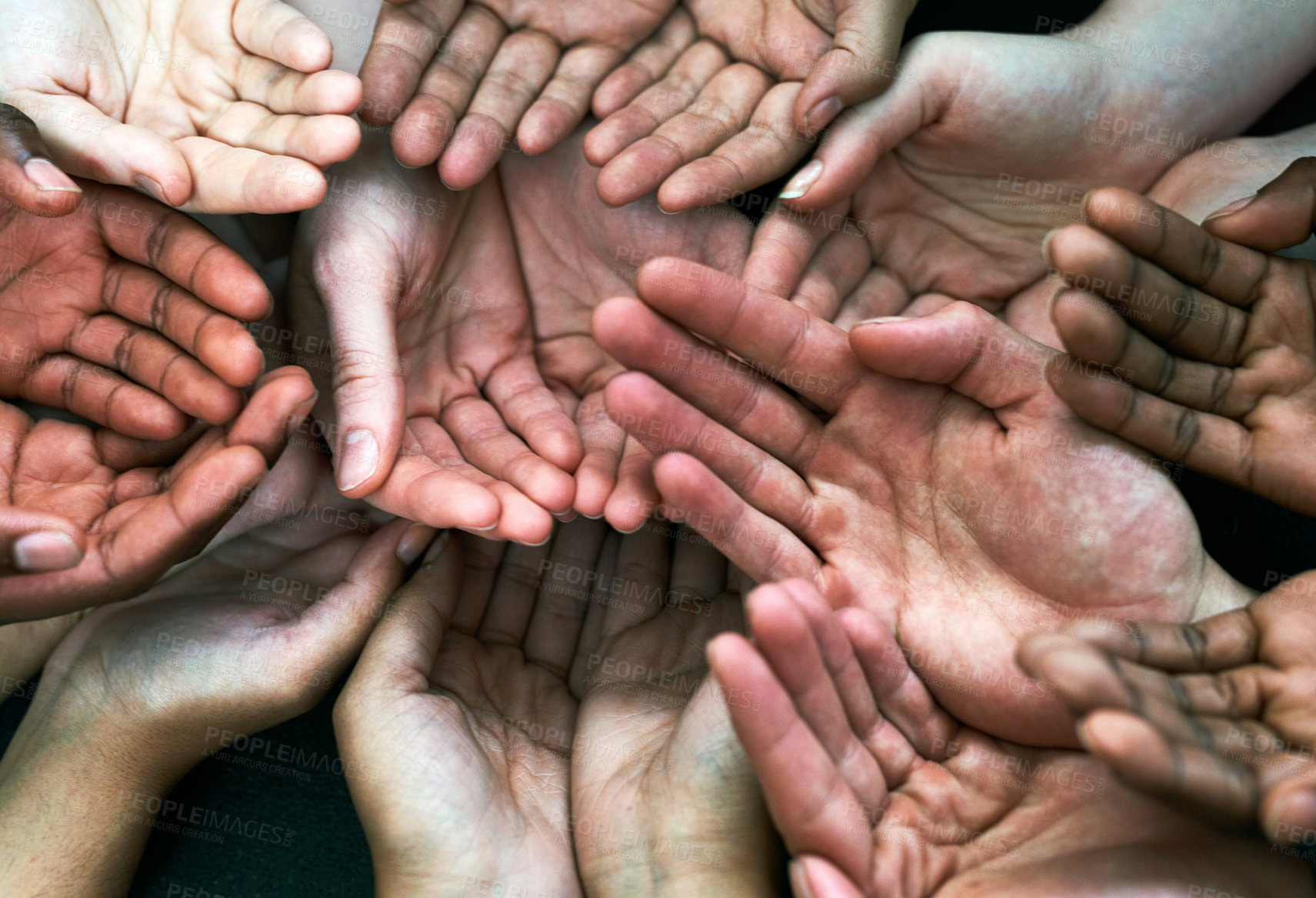 Buy stock photo Open hands support, diversity and together with community, solidarity and help. Trust, faith and charity hand gesture with people and collaboration with crowd show palm and society and commitment