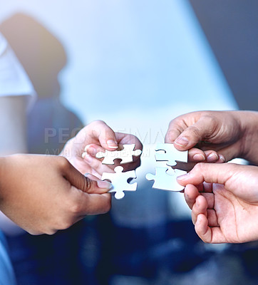 Buy stock photo Puzzle, hands and collaboration for meeting, solidarity and support for team building. Together, diversity and partnership for global community, integration and connect for synergy, unity and trust