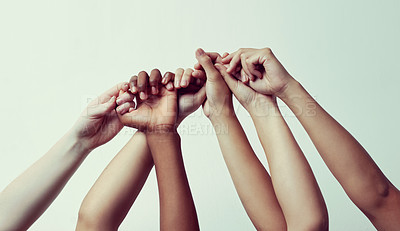 Buy stock photo Hands, support and diversity with unity for teamwork in community for hope with world for trust or solidarity. Racial equality, collaboration and motivation with social justice for cooperation