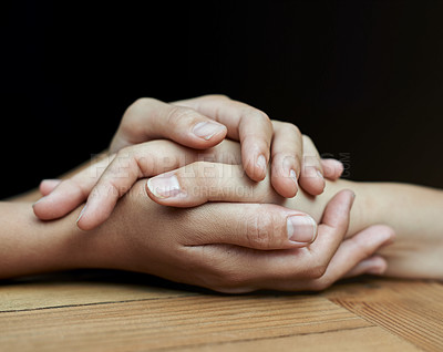 Buy stock photo Closeup, empathy and holding hands for support, healing and care with compassion, loving and bonding. Zoom, people and friends with grief, hope and crisis with trust, love and sympathy with peace