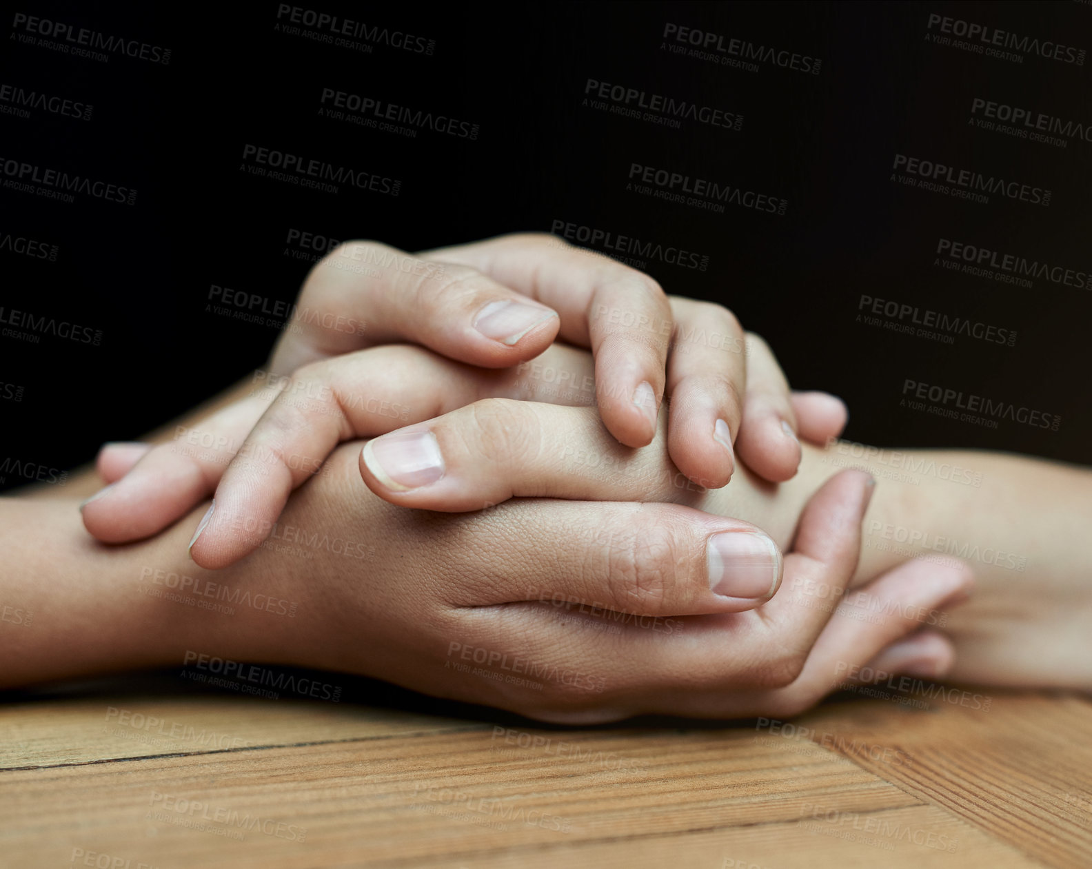 Buy stock photo Closeup, empathy and holding hands for support, healing and care with compassion, loving and bonding. Zoom, people and friends with grief, hope and crisis with trust, love and sympathy with peace