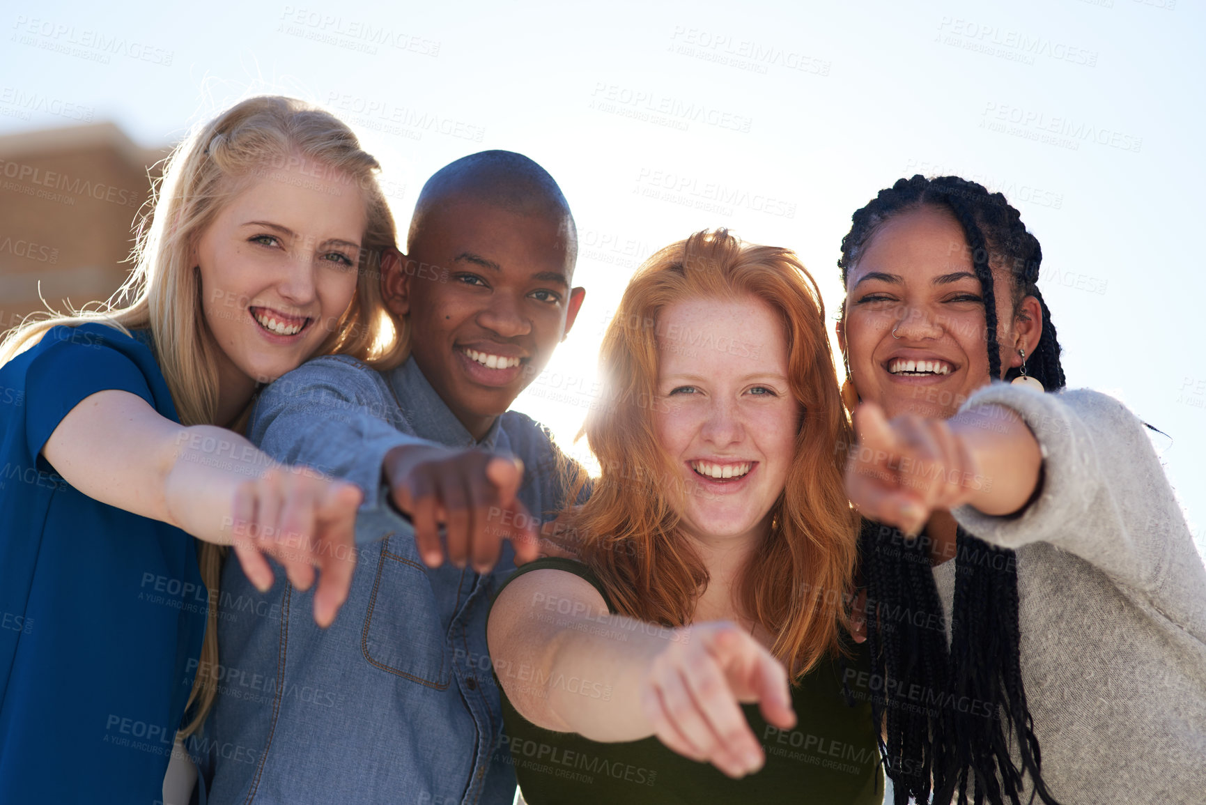 Buy stock photo Diversity, smile and portrait with friends pointing outdoor together for choice, option or vote. Face, funny or laughing with happy young men and women in summer for decision or selection of you