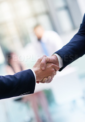 Buy stock photo Business, agreement or shaking hands with zoom and blurred background, welcome or thank you for meeting. Partnership, handshake or contact with greeting for b2b or teamwork, collaboration for work