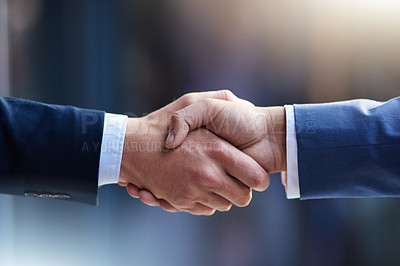 Buy stock photo Business, agreement or handshake with zoom or blurred background, welcome or thank you for meeting. Partnership, shaking hands or contact with greeting for b2b or teamwork, collaboration with partner