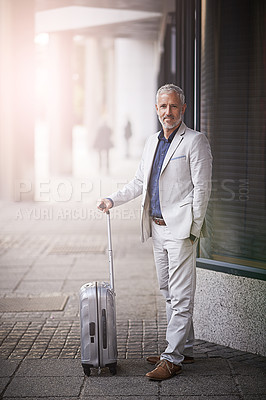 Buy stock photo Mature businessman, suitcase and portrait in city, happy and outdoor on travel with waiting for transport. Person, executive and smile with luggage on sidewalk for trip, taxi and commute in Germany