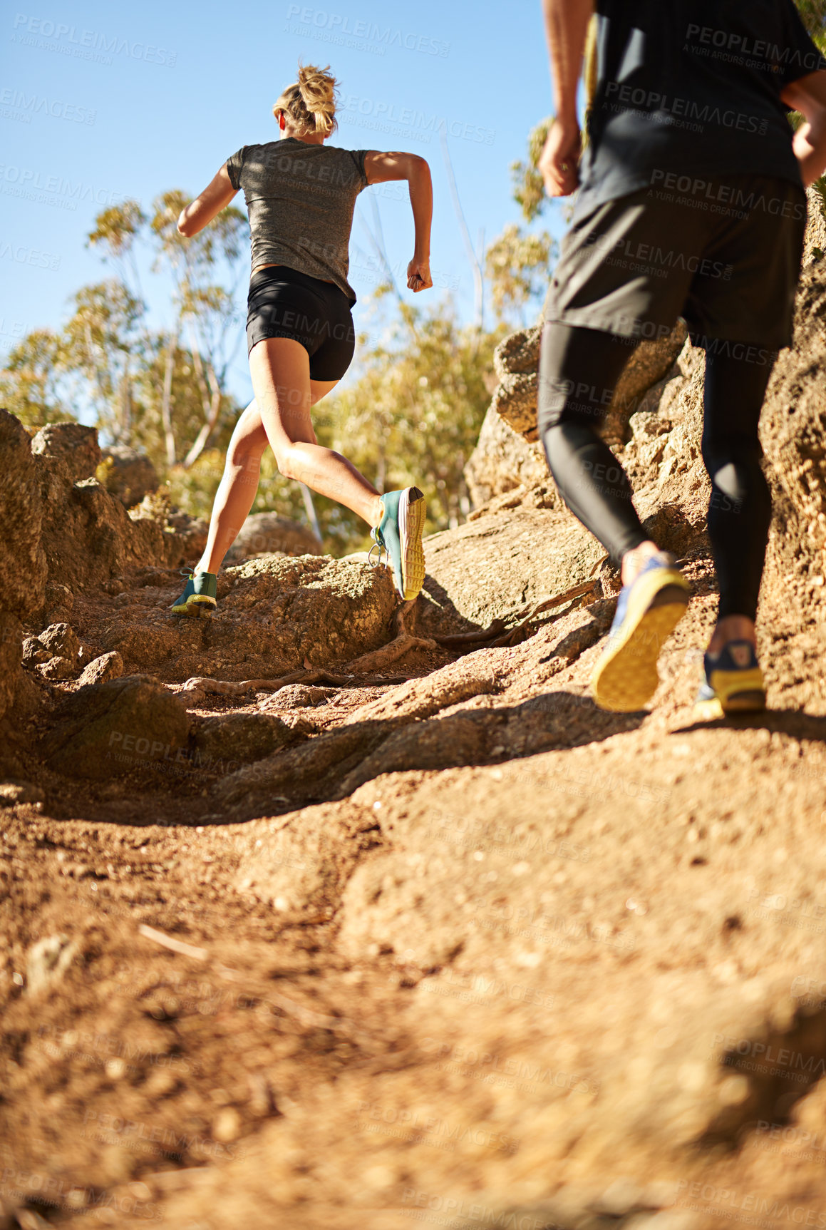 Buy stock photo People, trail and nature for running, fitness and exercise outdoor with dirt road, sand and rock as challenge. Athlete, workout and training for healthy activity, endurance or cardio sport in morning