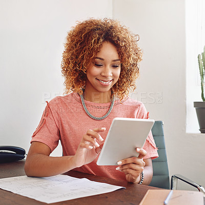 Buy stock photo Happy woman, communication or designer with tablet for research or analysis online on website. Networking, email or woman working SEO stats update on internet or app with smile in startup or office