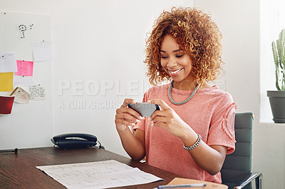 Buy stock photo Project management, happy or woman with phone for communication, networking or startup company. Smile, online or worker with application or technology for update, planning agenda or schedule on web