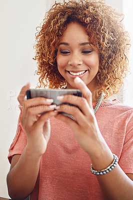 Buy stock photo Mobile games, relax or happy woman on break playing online gaming, subscription or connection. Designer, video gamer or African person with phone app in workplace for streaming multimedia with smile