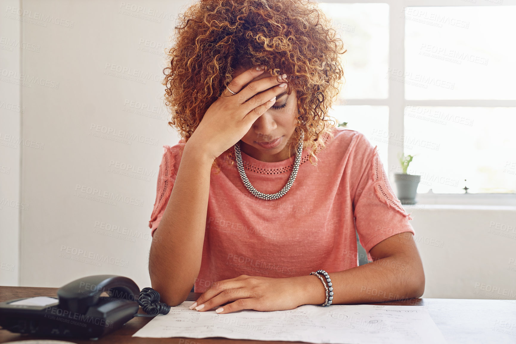 Buy stock photo Headache, paperwork or woman in office for administration, documents report or project deadline. Migraine pain, stress or frustrated secretary at desk working on research, agenda or human resources