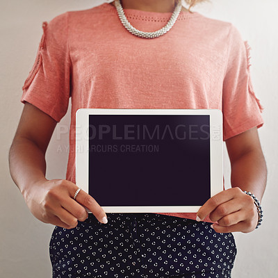Buy stock photo Screen, hands or tablet for marketing mockup or sale on website for advertising space. Display closeup, app ux or woman showing option, news or technology offer on social media in office or agency