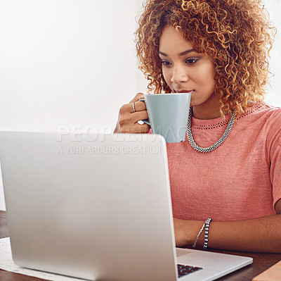 Buy stock photo Coffee, happy woman or designer with chart for research, technology or graphs analysis on website. Data analytics, typing or female person in office drinking tea, working stats update or reading news