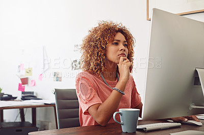 Buy stock photo Designer, thinking or worker with computer for research, editing or copywriting on blog or website. Startup, agency or African woman in office working on internet update, networking or reading news