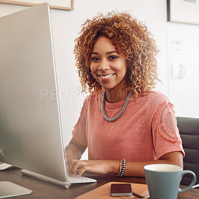 Buy stock photo Portrait, happy or designer with computer for research, editing or copywriting on blog or website. Startup, smile or African woman in office working on internet update, networking or reading news