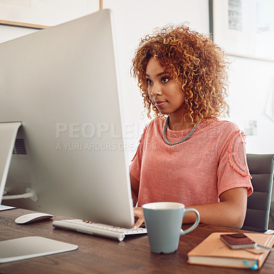 Buy stock photo Businesswoman, typing or designer with computer for research, editing or copywriting on blog or web. Startup, agency or African woman in office working on internet update, networking or reading news