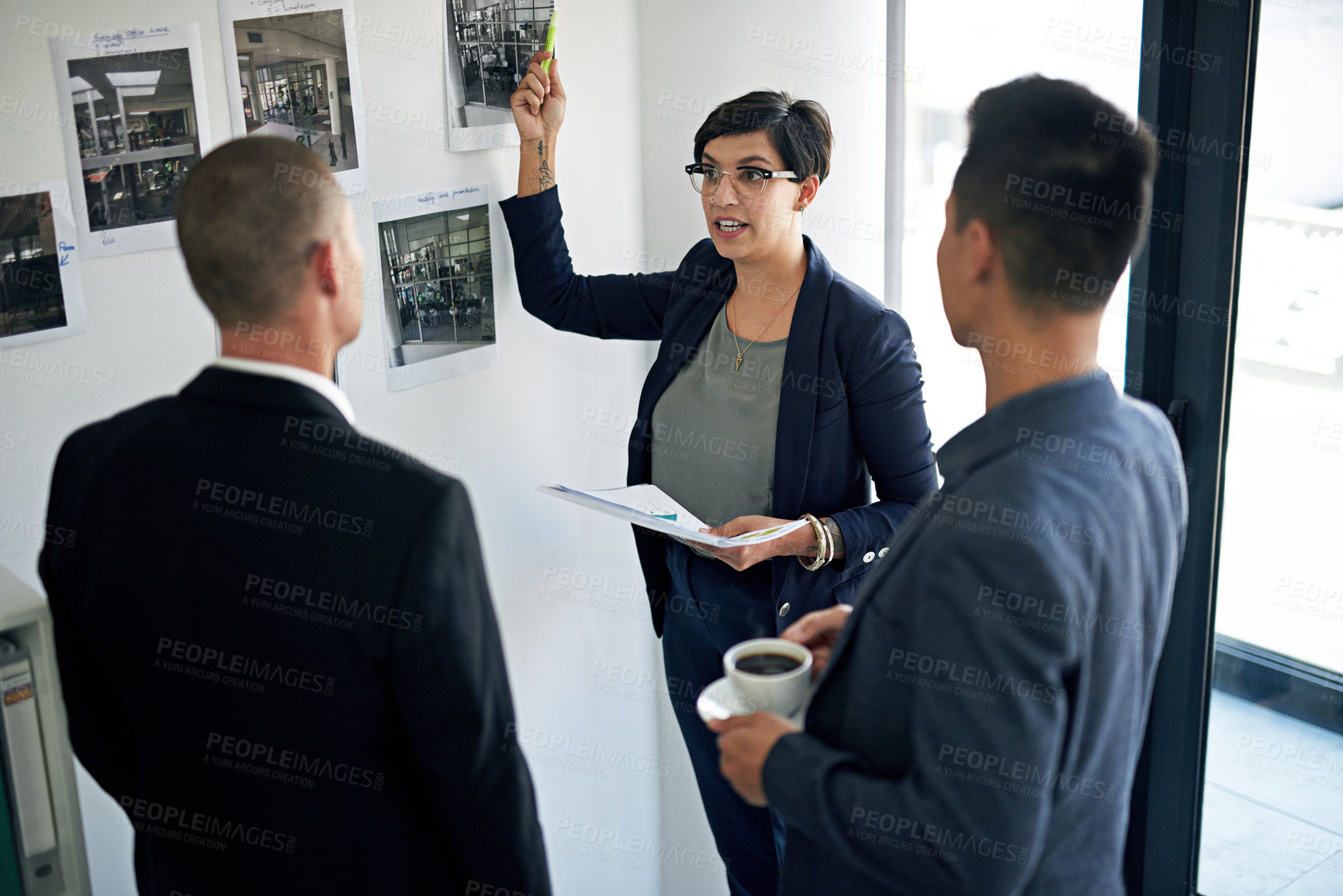 Buy stock photo Discussion, photograph and problem solving with business people in workplace for idea or interior design. Conversation, planning and thinking with brainstorming, collaboration or office layout 