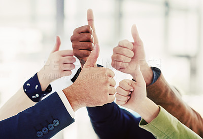 Buy stock photo Hands, success and thumbs up with business people in office together for collaboration, support or victory. Emoji, like and yes with employee group in workplace for partnership or team building