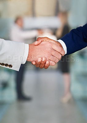Buy stock photo Business people, shaking hands and teamwork deal or agreement for b2b merger, investment or partnership. Collaboration, welcome and financial service at company or promotion, job interview or hello