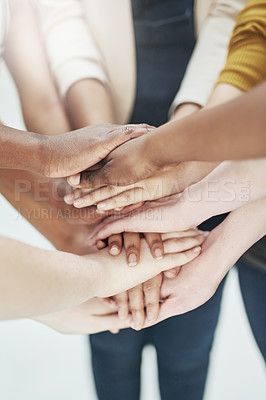 Buy stock photo Partnership, hands and support from business people for solidarity, teamwork and community in office. Workforce, corporate and group of diverse employees for unity, trust or synergy in meeting