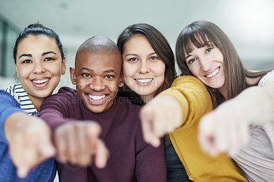 Buy stock photo Portrait, happy and people pointing for you, show and choice or selection for vote. Recruitment, collaboration with diversity or group together, decision for winner or announcement with hands
