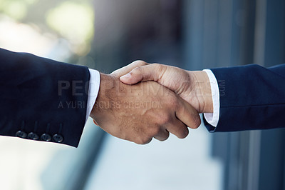 Buy stock photo People, partnership and handshake in office for business deal, hiring and recruitment opportunity. Team, hands and touching in workplace for welcome with achievement, job promotion and introduction