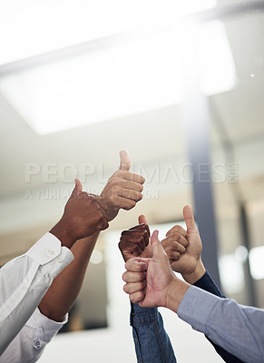 Buy stock photo Business people, diversity and hands with thumbs up for winning, good job or well done at office. Closeup of diverse group or employees with like emoji, yes sign or ok for unity, teamwork or success