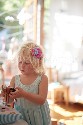 Buy stock photo Toys, fun and girl playing in bedroom with animals, fantasy and child development in her home. Creative, imagine and curious kid in house with jungle figures for learning, childhood or weekend games