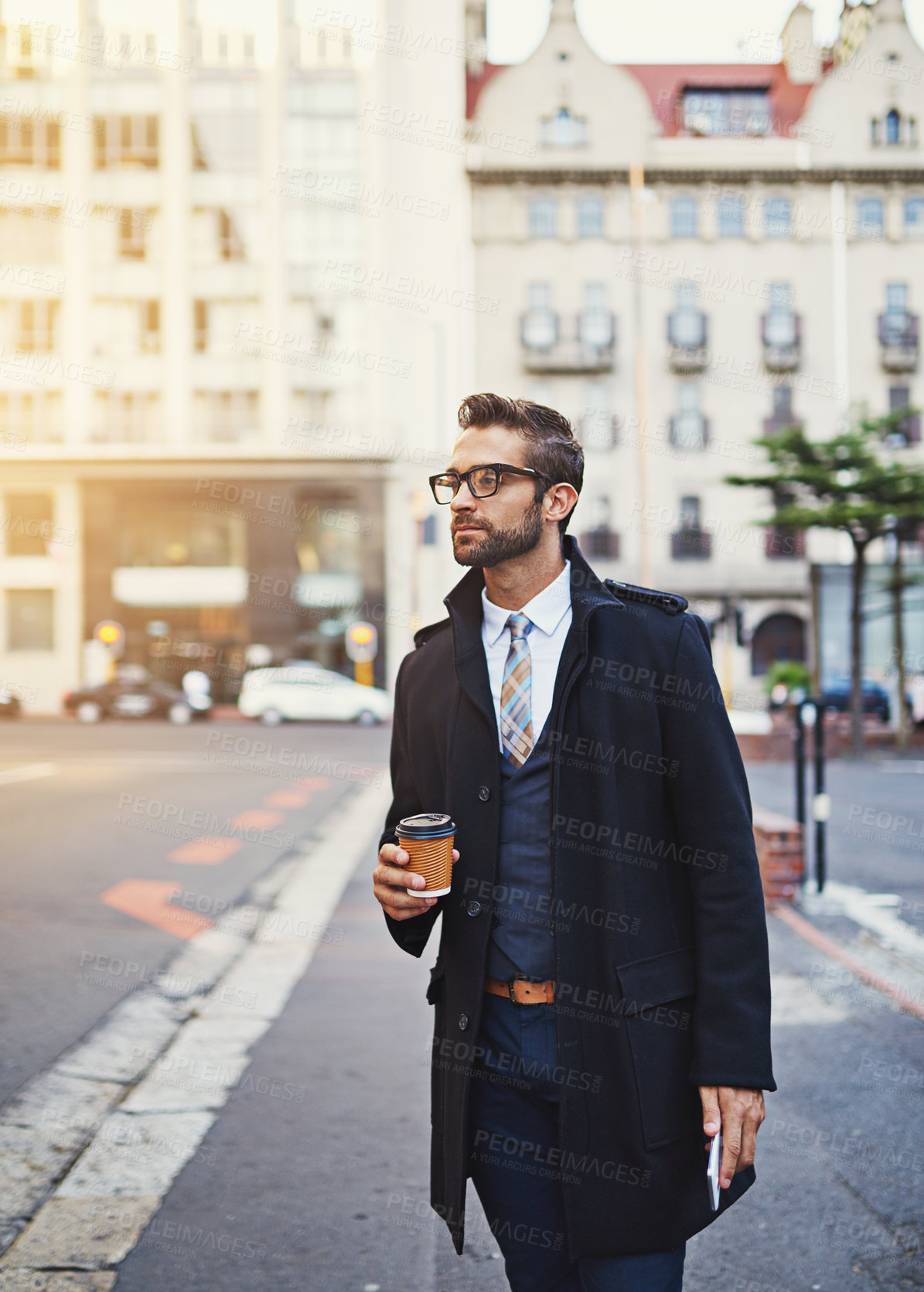 Buy stock photo Businessman, coffee and mobile in city for commute, travel and walking in street. Take away drink, glasses or professional with phone for contact, networking or communication in urban town in morning