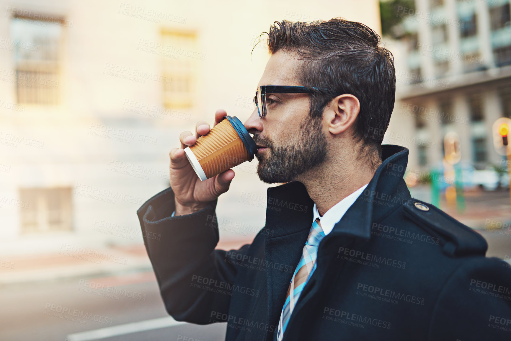 Buy stock photo Road, drink coffee and business man in morning for commute, travel and journey to workplace in London. City, male person or lawyer in hurry for employment location, espresso and beverage for caffeine