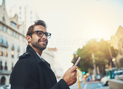 Buy stock photo Business man, smartphone and thinking on road for travel, communication and networking with contact. City, male person or lawyer with phone for mobile app, ideas and message with client in commute