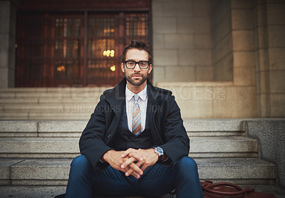 Buy stock photo City, stairs and portrait of business man on government building, court and law firm office. Professional, serious and person on steps with confidence for lawyer career, job opportunity or legal work