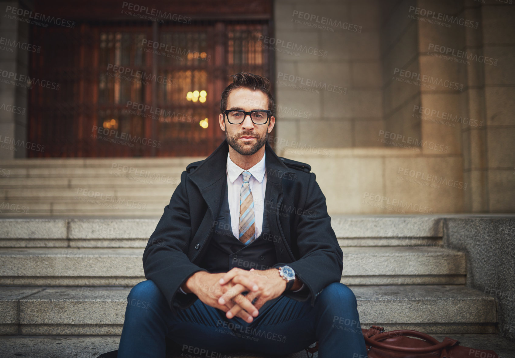 Buy stock photo City, stairs and portrait of business man on government building, court and law firm office. Professional, serious and person on steps with confidence for lawyer career, job opportunity or legal work