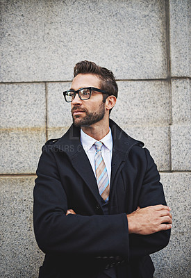 Buy stock photo Shot of a young businessman in the city