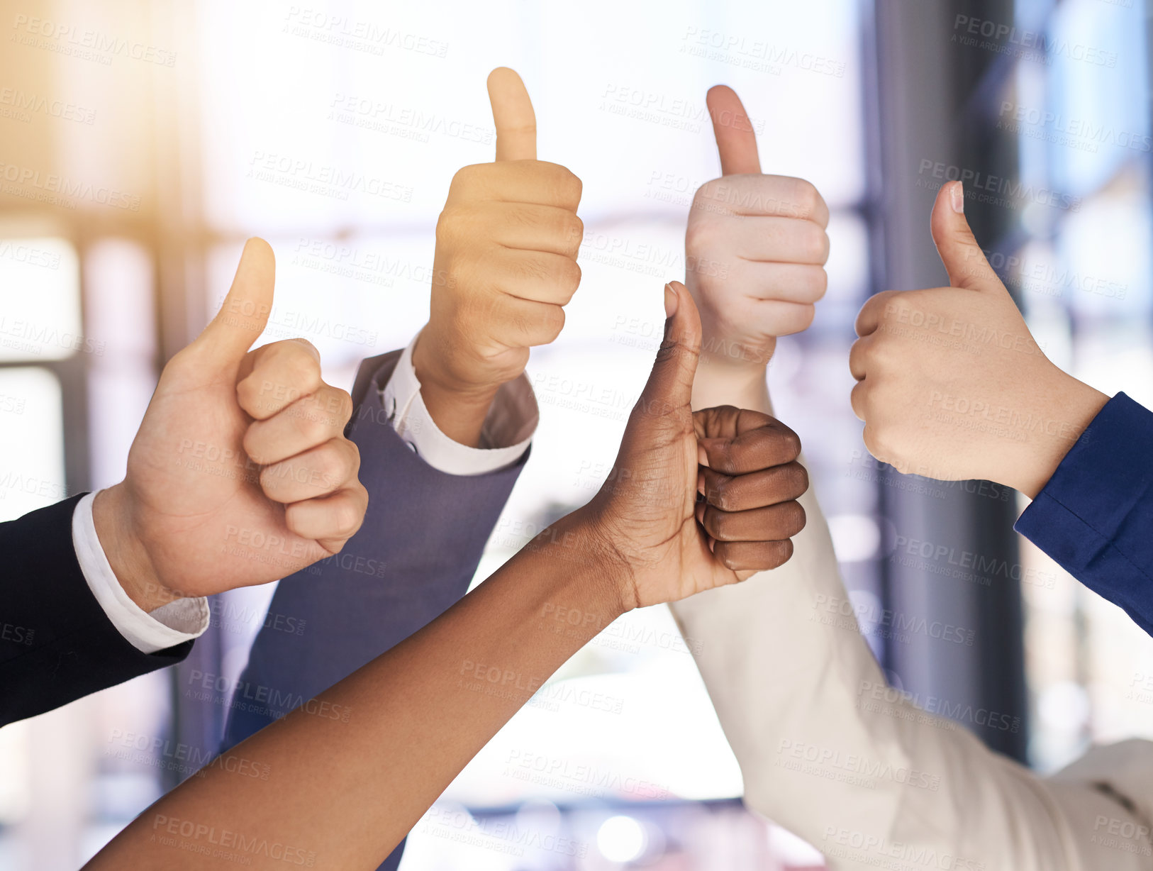 Buy stock photo Shot of a group of hands showing thumbs up