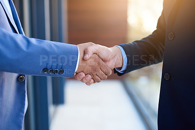 Buy stock photo Business people, office building and handshake for job interview, welcome and onboarding offer. thank you, support and b2b men shaking hands on balcony for recruitment, negotiation and contract deal